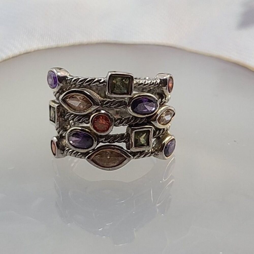 Vintage 925 Sterling Silver Multicolor Gemstone Wide Band Ring Size 6